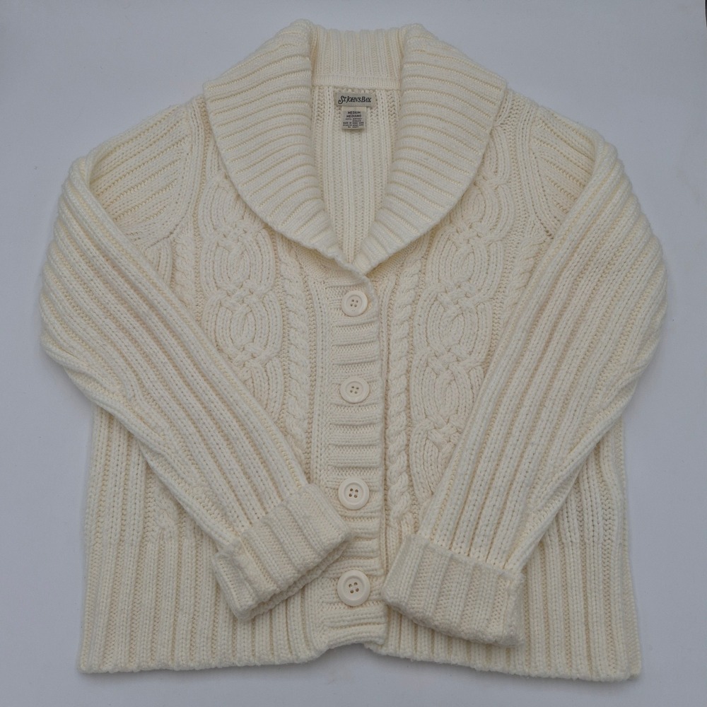 St Johns Bay Womens Cream Cable Knit Shawl Collar Button Front Cardigan Medium
